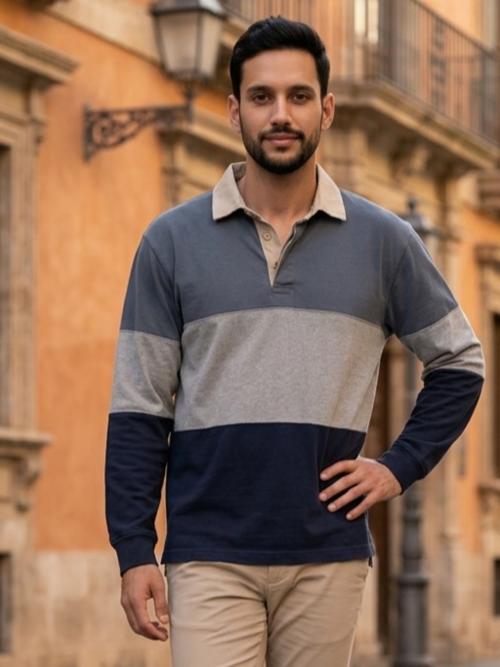Vtg 90s Khakis by Arrow Color Block Blue, Grey, Navy Longsleeve Rugby Shirt L